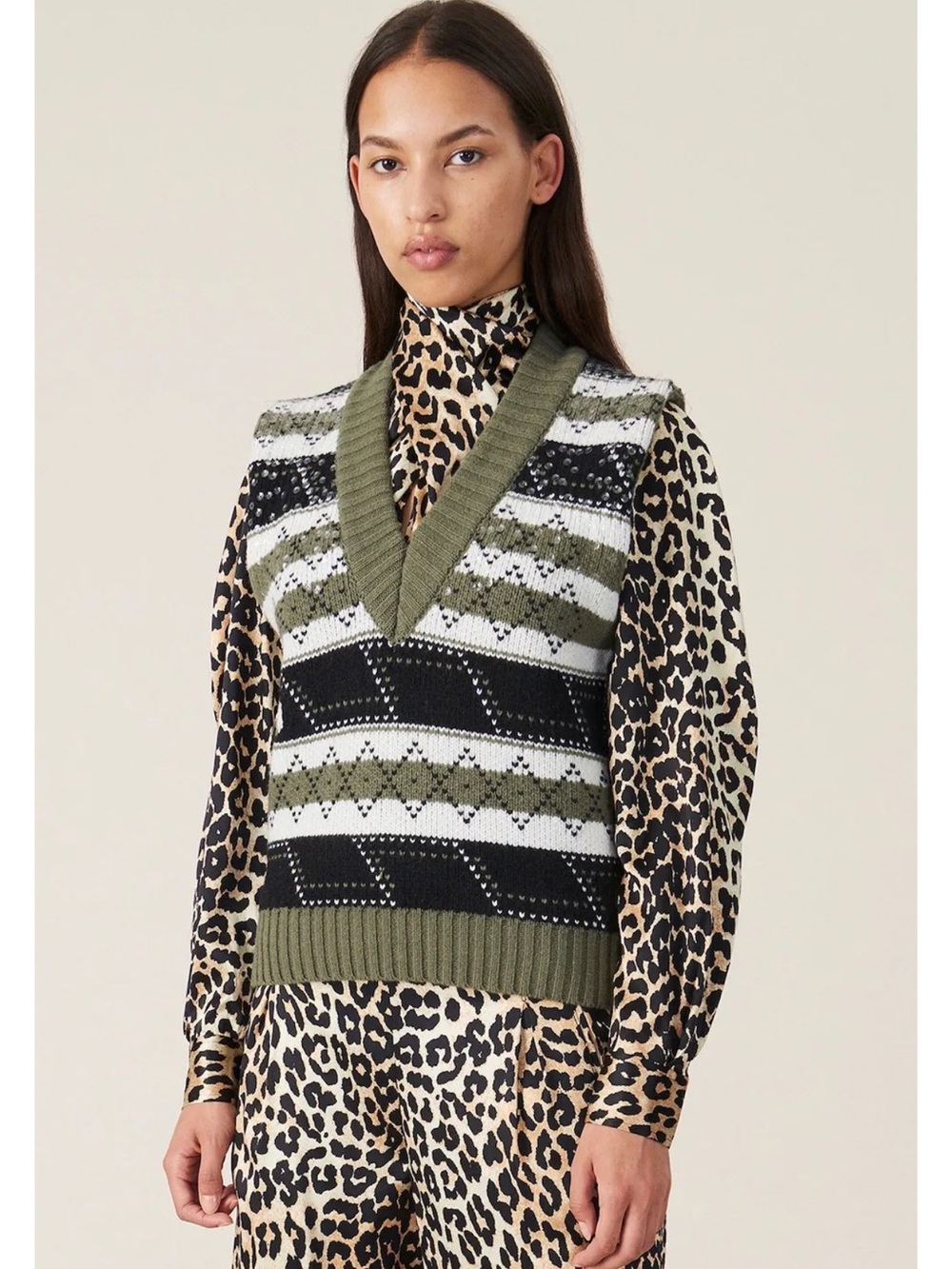 Women’s GANNI Olive Stripe Knit V-Neck Sweater Vest, Size XS